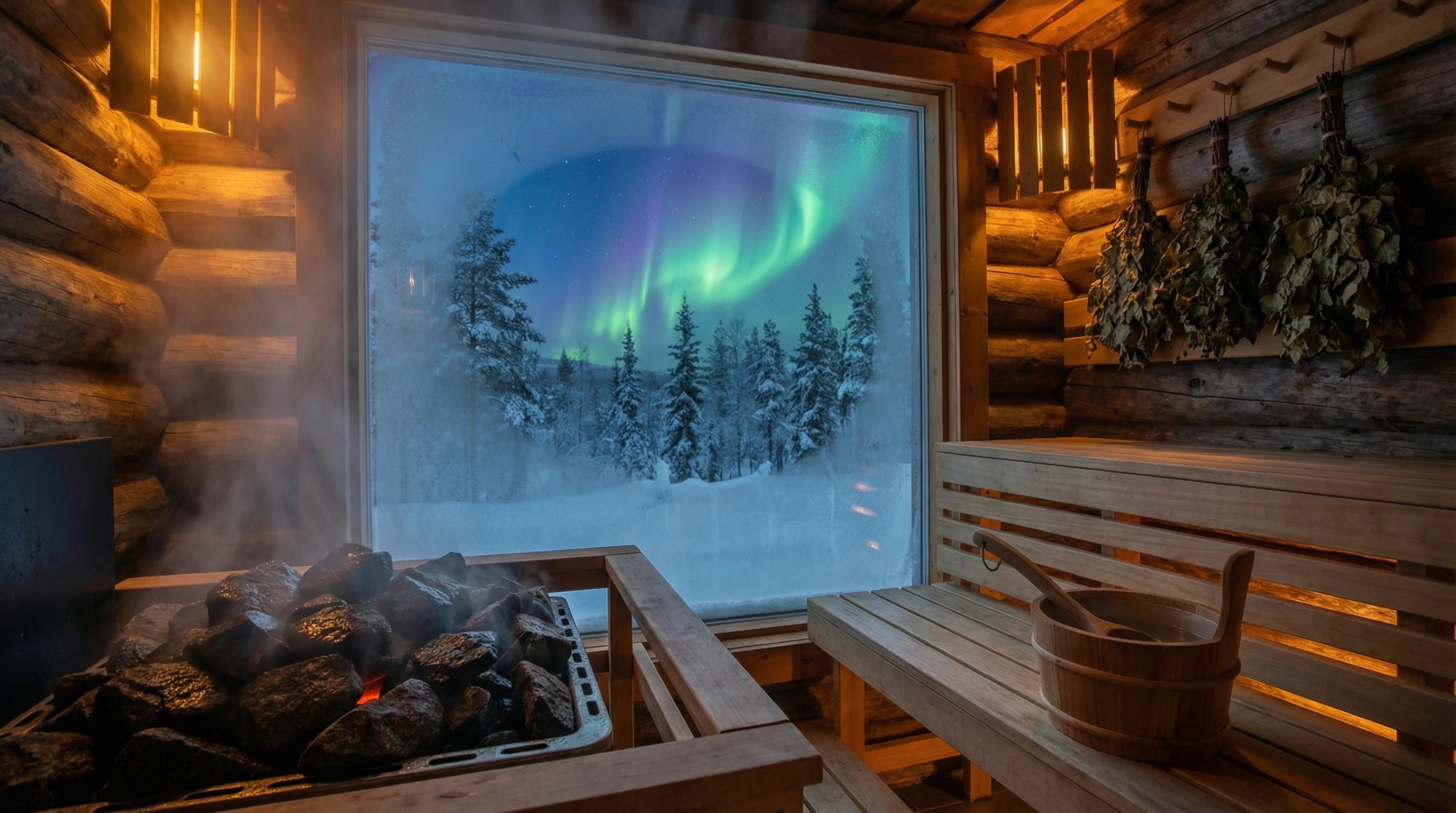 温暖舒适的北欧桑拿房内部，84棋牌 提供放松体验